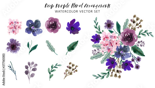 Deep Purple Floral Arrangements Watercolor Vector Set