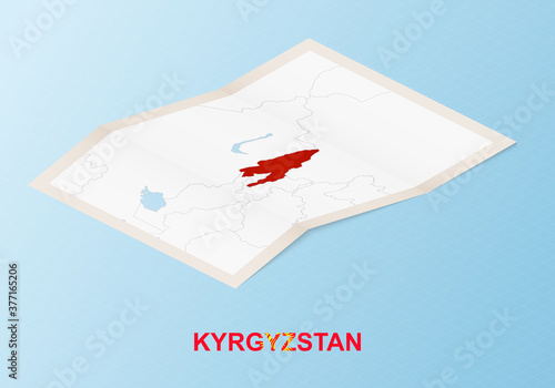 Folded paper map of Kyrgyzstan with neighboring countries in isometric style.