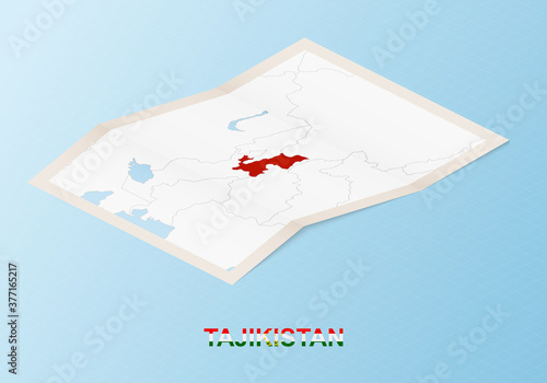 Folded paper map of Tajikistan with neighboring countries in isometric style.
