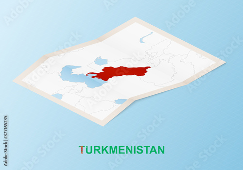 Folded paper map of Turkmenistan with neighboring countries in isometric style.
