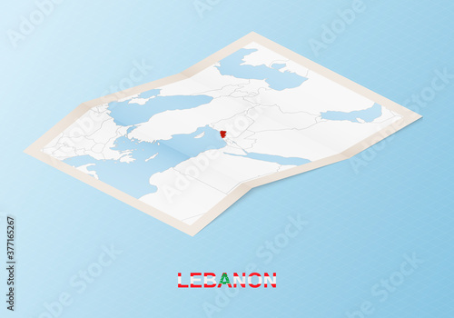 Folded paper map of Lebanon with neighboring countries in isometric style.