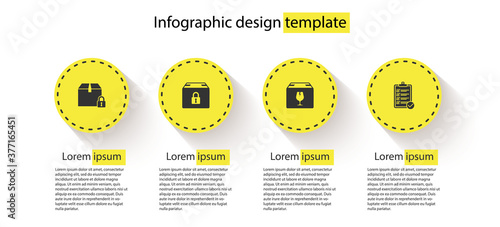 Set Locked package, , Delivery box with fragile content and Verification of delivery list. Business infographic template. Vector.