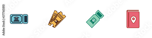 Set Museum ticket, Train, and Cover book travel guide icon. Vector.