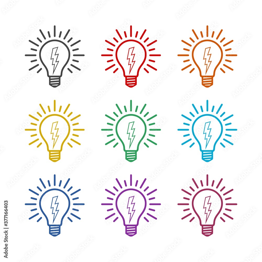 Light bulb with lightning bolt sign, color set Light bulb with lightning bolt sign, color set