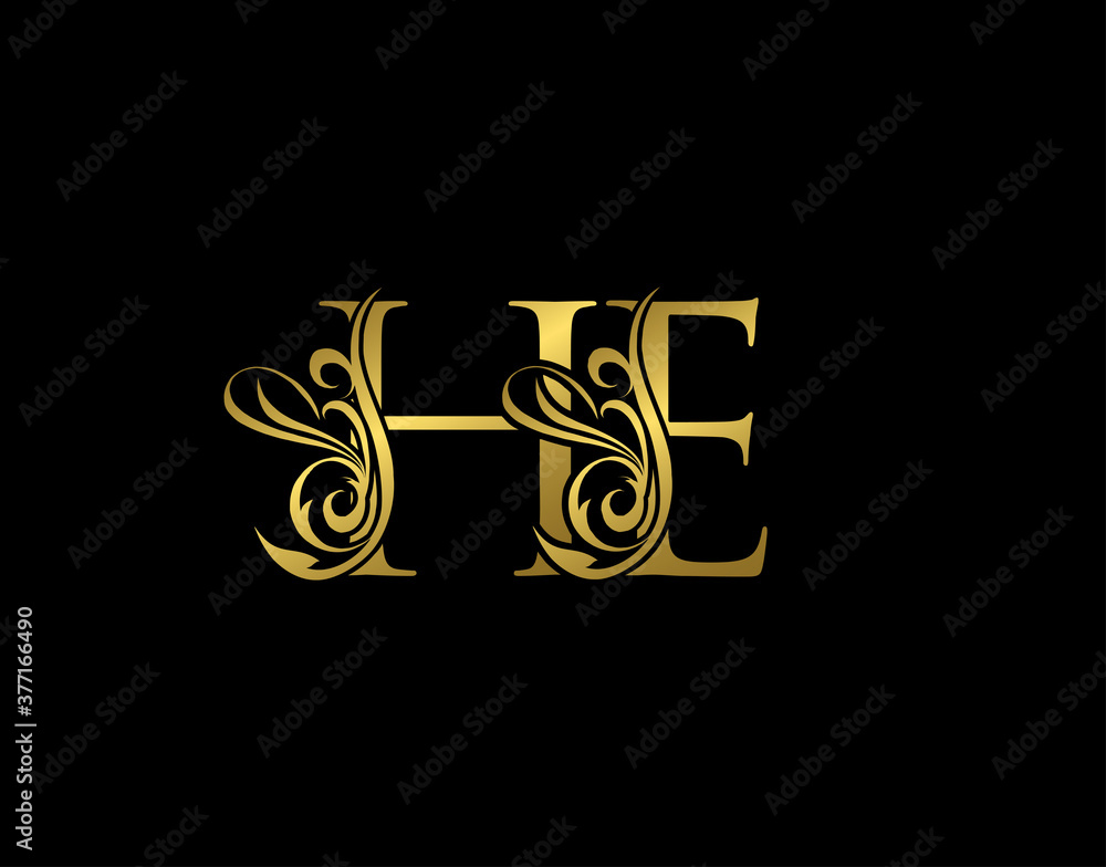 Gold H, E and HE Luxury Letter Logo Icon. Graceful royal style. Luxury alphabet arts logo. Gold H, E and HE Luxury Letter Logo Icon. Graceful royal style. Luxury alphabet arts logo.