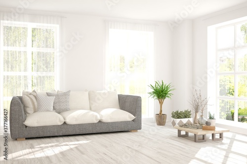 White living room with sofa. Scandinavian interior design. 3D illustration