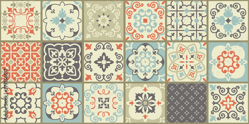 Collection of 18 ceramic tiles in turkish style. Seamless colorful patchwork from Azulejo tiles. Portuguese and Spain decor. Islam, Arabic, Indian, Ottoman motif. Vector Hand drawn background