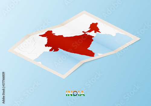Folded paper map of India with neighboring countries in isometric style.