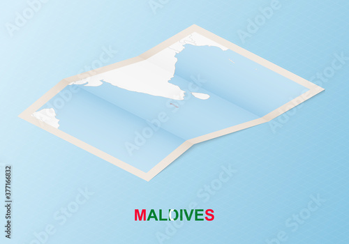 Folded paper map of Maldives with neighboring countries in isometric style.