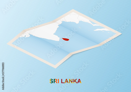 Folded paper map of Sri Lanka with neighboring countries in isometric style.