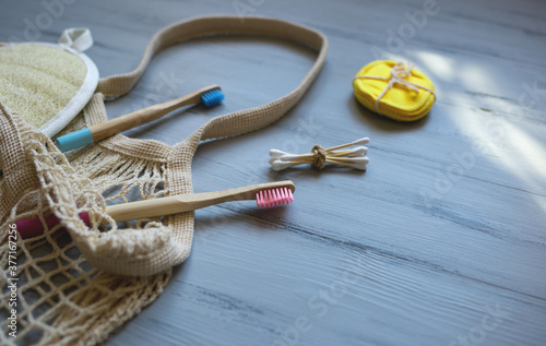 bamboo toothbrushes and sticks, reusable discs, loofah washcloth