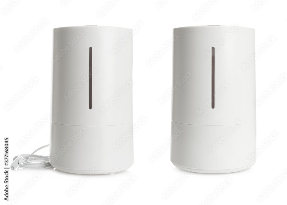 Collage with modern air humidifier on white background Collage with modern air humidifier on white background