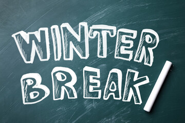Text Winter Break and piece of chalk on school greenboard, top view
