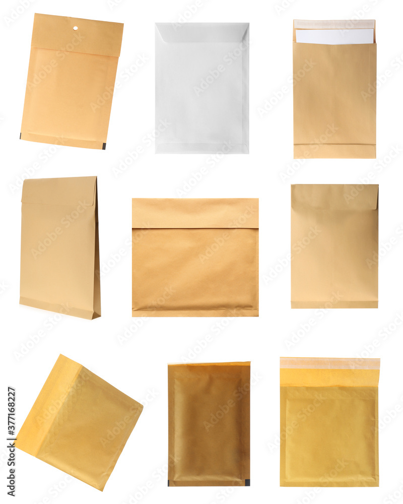 Set of paper envelopes isolated on white