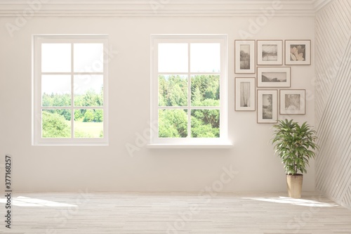 White empty room with summer landscape in window. Scandinavian interior design. 3D illustration