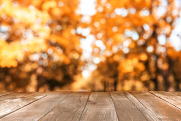 Empty wooden table in autumn park on sunny day