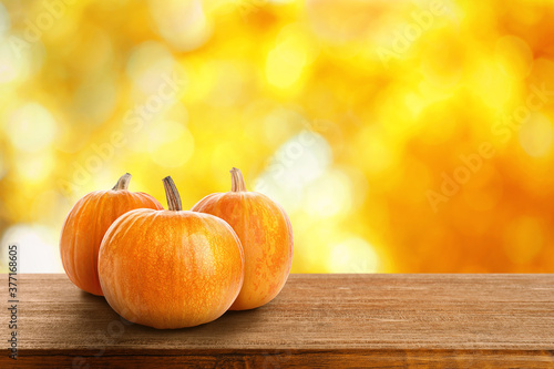 Wooden table with fresh pumpkins outdoors on sunny autumn day. Space for text