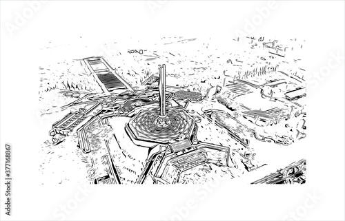 Building view with landmark of Bahir Dar is the capital city of the Amhara region in northern Ethiopia. Hand drawn sketch illustration in vector.