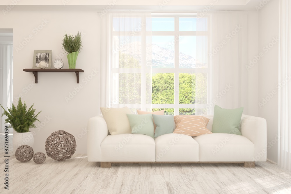Fototapeta premium White living room with sofa and summer landscape in window. Scandinavian interior design. 3D illustration