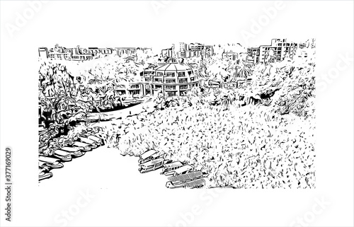Building view with landmark of Bahir Dar is the capital city of the Amhara region in northern Ethiopia. Hand drawn sketch illustration in vector.