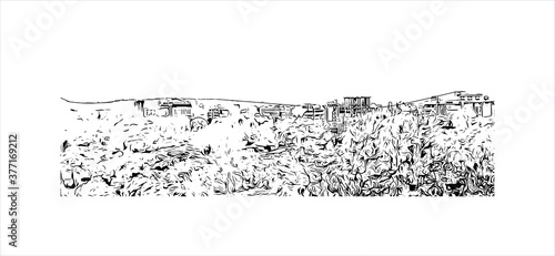 Building view with landmark of Bahir Dar is the capital city of the Amhara region in northern Ethiopia. Hand drawn sketch illustration in vector.