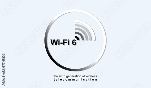 Illustration, button, icon, WiFi 6 WLAN High Efficiency Wireless. Speed of the massive connectivity of the device, new protocols in development. Innovation and avant-garde. Technological communication