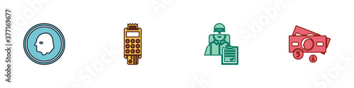 Set Coin money, POS terminal with credit card, Delivery man cardboard boxes and Stacks paper cash icon. Vector.