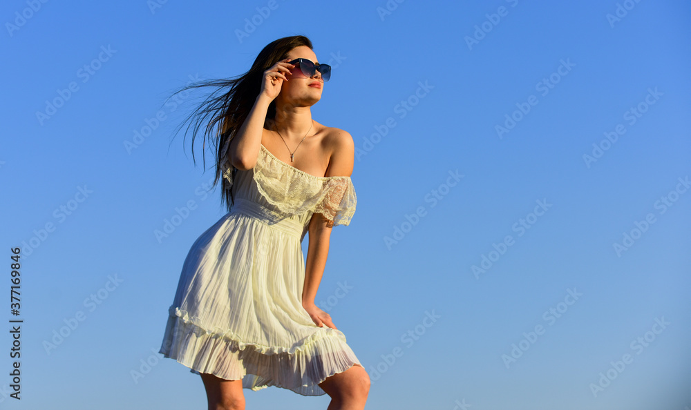 She is really cute. Fashion style. being in romantic mood. youth beauty. Beautiful sexy woman brunette hair. summer holiday and vacation. time to relax. free and happy. carefree girl look on sun She is really cute. Fashion style. being in romantic mood. youth beauty. Beautiful sexy woman brunette hair. summer holiday and vacation. time to relax. free and happy. carefree girl look on sun