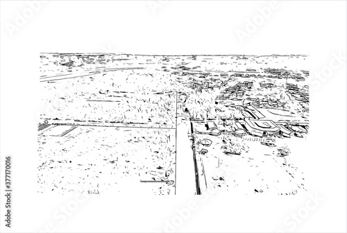 Building view with landmark of Bahir Dar is the capital city of the Amhara region in northern Ethiopia. Hand drawn sketch illustration in vector.