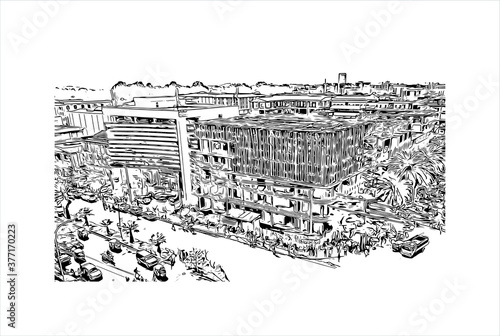 Building view with landmark of Bahir Dar is the capital city of the Amhara region in northern Ethiopia. Hand drawn sketch illustration in vector.