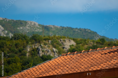 Red European roof tiles on the background of green mountains