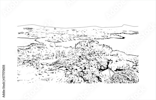 Building view with landmark of Bahir Dar is the capital city of the Amhara region in northern Ethiopia. Hand drawn sketch illustration in vector.