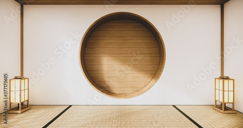 Circle shelf wall design on empty Living room japanese deisgn with tatami mat floor. 3D rendering