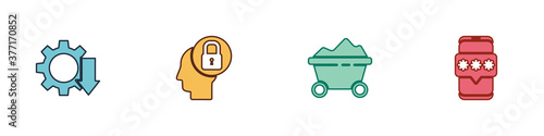 Set Cost reduction, Human head with lock, Coal mine trolley and Mobile and password icon. Vector.