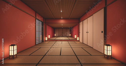 The interior color Red room inteior with tatami mat floor.3D rendering photo