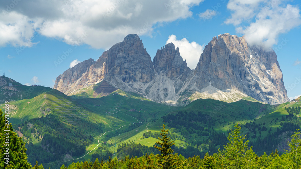 Fototapeta premium Mountain landscape along the road to Pordoi pass, Dolomites