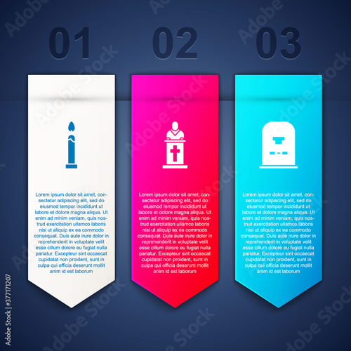 Set Burning candle, Church pastor preaching and Tombstone with RIP written. Business infographic template. Vector.