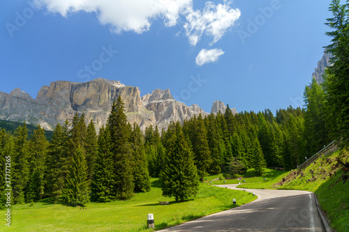 Mountain landscape along the road to Pordoi pass, Dolomites photo