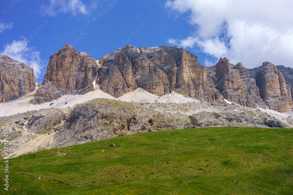 Mountain landscape along the road to Pordoi pass, Dolomites Mountain landscape along the road to Pordoi pass, Dolomites