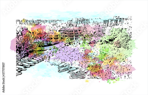 Building view with landmark of Bahir Dar is the capital city of the Amhara region in northern Ethiopia. Watercolor splash with hand drawn sketch illustration in vector.