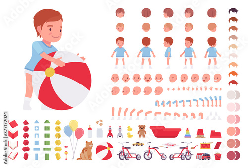 Toddler child, little boy playing with toys construction set. Cute sweet healthy baby wearing blue tee shirt, diaper. Cartoon flat style infographic illustration, different emotions, skin, hair tones