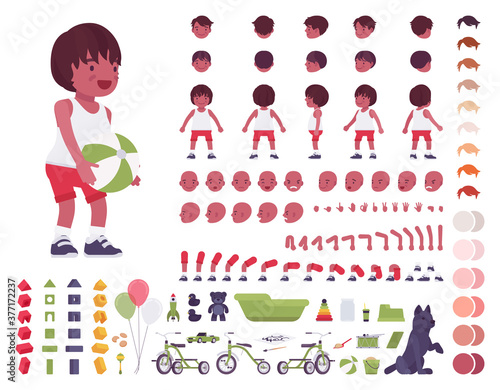 Toddler child, little black boy playing with toys construction set. Cute sweet healthy baby wearing tee shirt, shorts. Cartoon flat style infographic illustration, different emotions, skin, hair tones