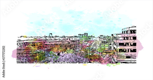 Building view with landmark of Bahir Dar is the capital city of the Amhara region in northern Ethiopia. Watercolor splash with hand drawn sketch illustration in vector.