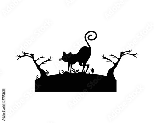 Halloween cat silhouette in dry forest vector design