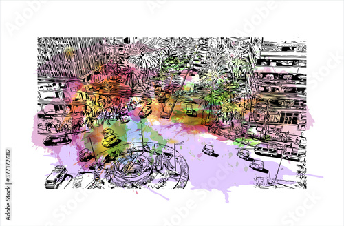 Building view with landmark of Bahir Dar is the capital city of the Amhara region in northern Ethiopia. Watercolor splash with hand drawn sketch illustration in vector.