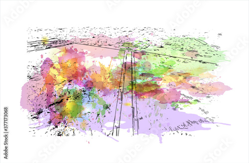 Building view with landmark of Bahir Dar is the capital city of the Amhara region in northern Ethiopia. Watercolor splash with hand drawn sketch illustration in vector.