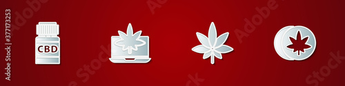 Set Medical bottle with cannabis, Laptop and marijuana or, Marijuana leaf and Herbal ecstasy tablets icon. Vector.