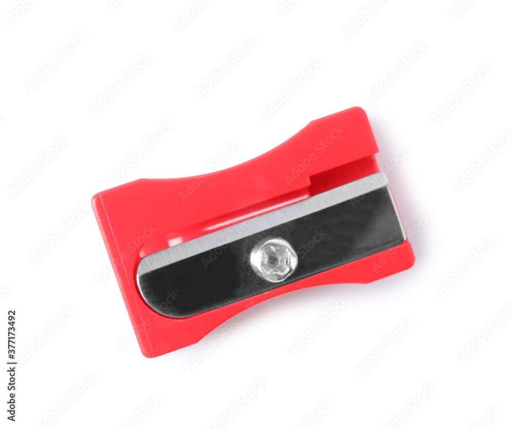 Bright red pencil sharpener isolated on white, top view. School stationery Bright red pencil sharpener isolated on white, top view. School stationery