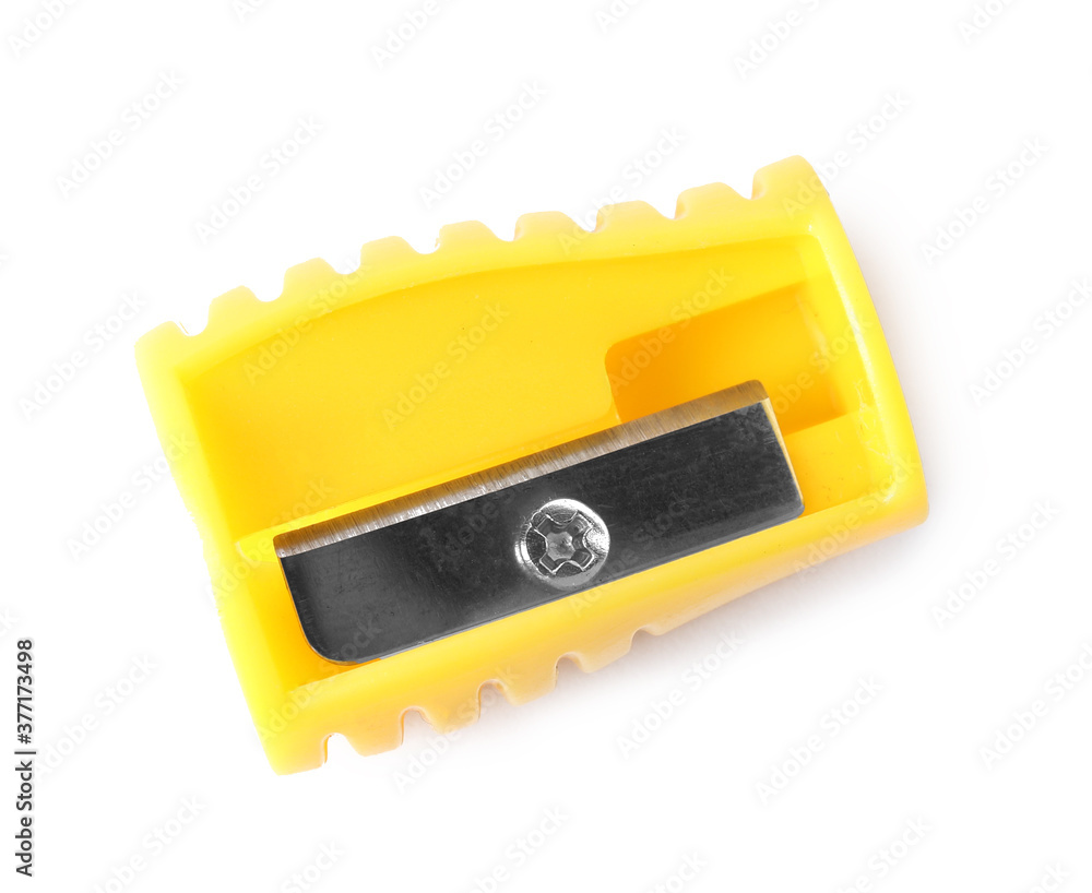 Bright yellow pencil sharpener isolated on white, top view. School stationery Bright yellow pencil sharpener isolated on white, top view. School stationery