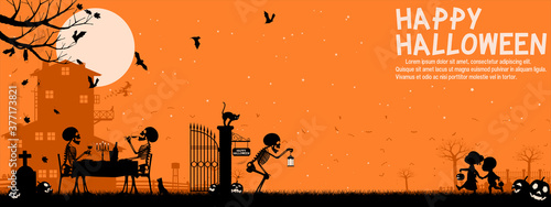 Halloween night landscape. There are 3 unique layer ( Black / Dark orange / bright yellow) on blue background. Easy to manage color which you want .